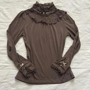 Axes Femme Brown long sleeve blouse lace high neck turtleneck Size medium